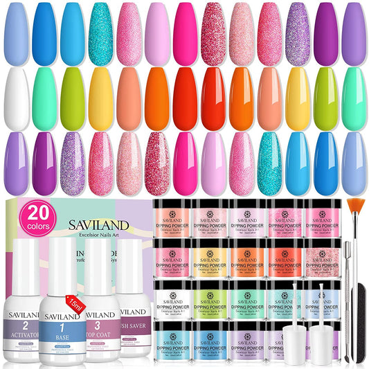 Dip Powder Nail Kit Starter: 29 PCS Rainbow Gel Powder Acrylic Dip Nails Powder Starter Kit Dip Nail Liquid Base Top Coat Activator Brush Saver Nail Beginners Salon Perfect Gift Set