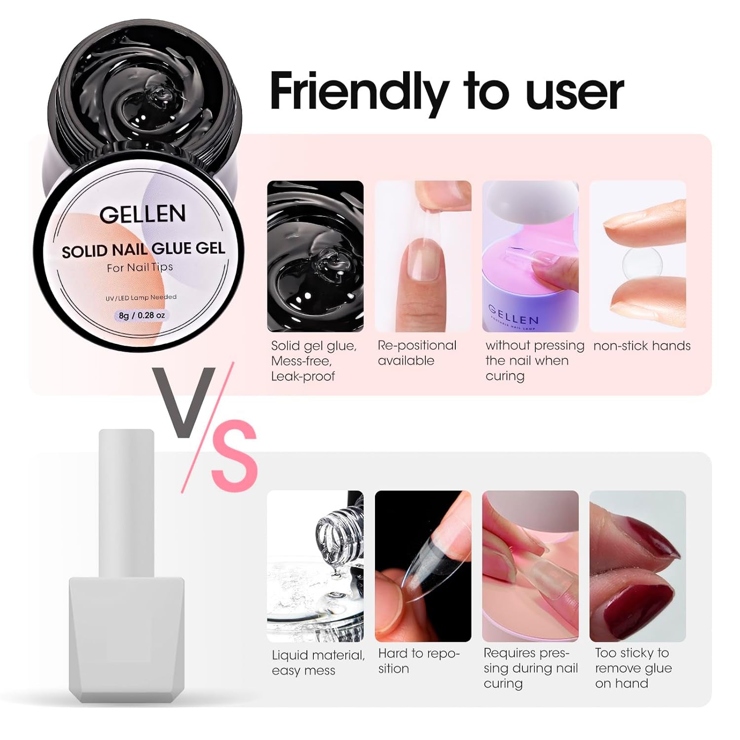 Solid Nail Glue Gel Kit, 8G Gel Nail Glue and 8W Mini UV Light LED Lamp for Nail Cured, Solid Press on Nail Glue for Acrylic Fake Nail Tips, Solid Gel Glue for Nails Salon Art DIY at Home