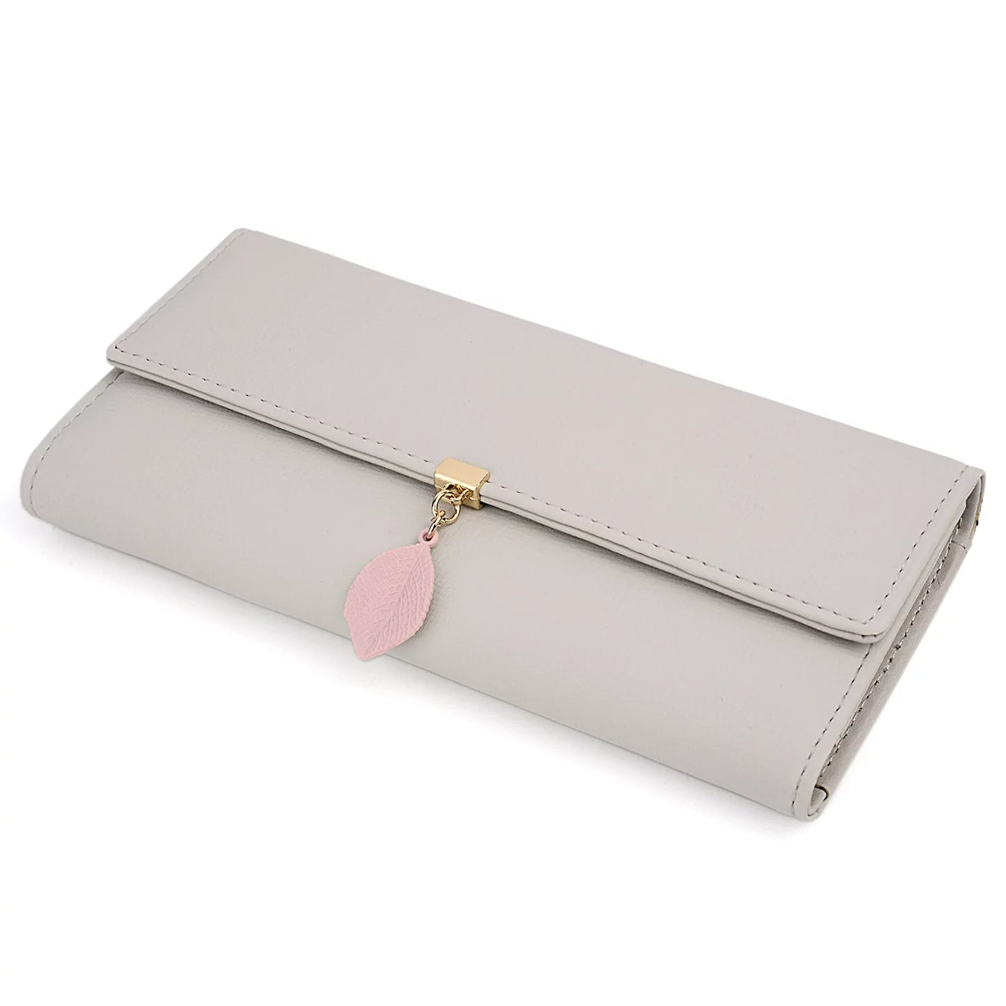 Womens Wallet PU Leather RFID Blocking Card Holder Elegant Zipper Coin Purse Leaf Pendant(Light Gray)