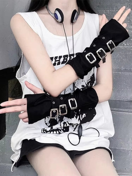 ❤️ Goth Black Metal Buckle Fingerless Long Gloves Punk Hole Half-Finger Y2K Oversleeve Arm Warmer Beggar Lolita Cosplay Sleeve