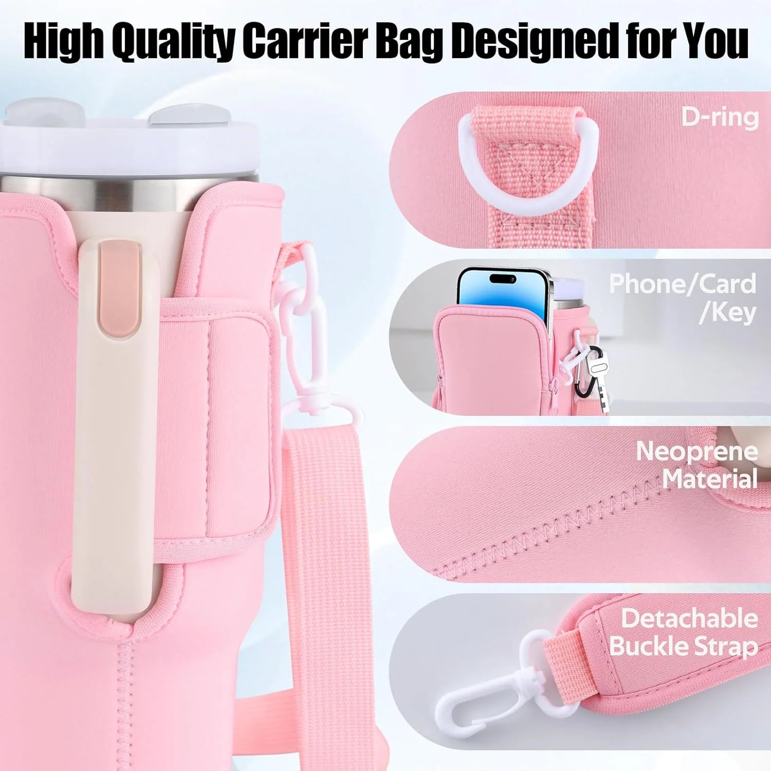 Water Bottle Carrier Bag with Pouch Pocket, Compatible with 40Oz Tumbler with Handle, Modern Water Bottle Holder with Simple Adjustable Strap for Sports-Pink