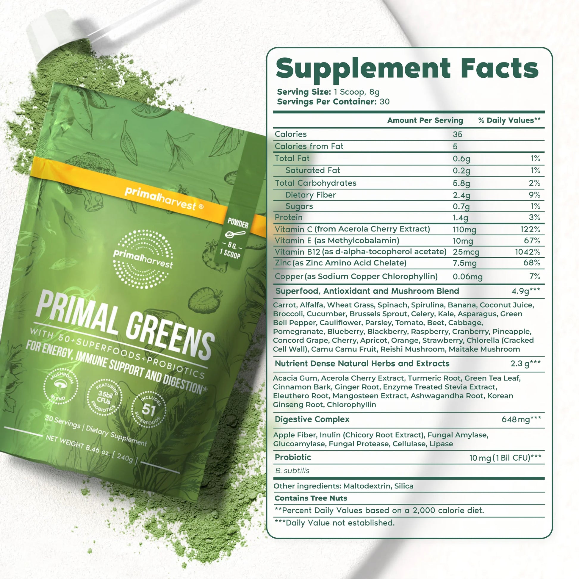 Greens Powder: 50+ Superfoods, Probiotics & Adaptogens for Energy, Detox & Immunity (30Ct)