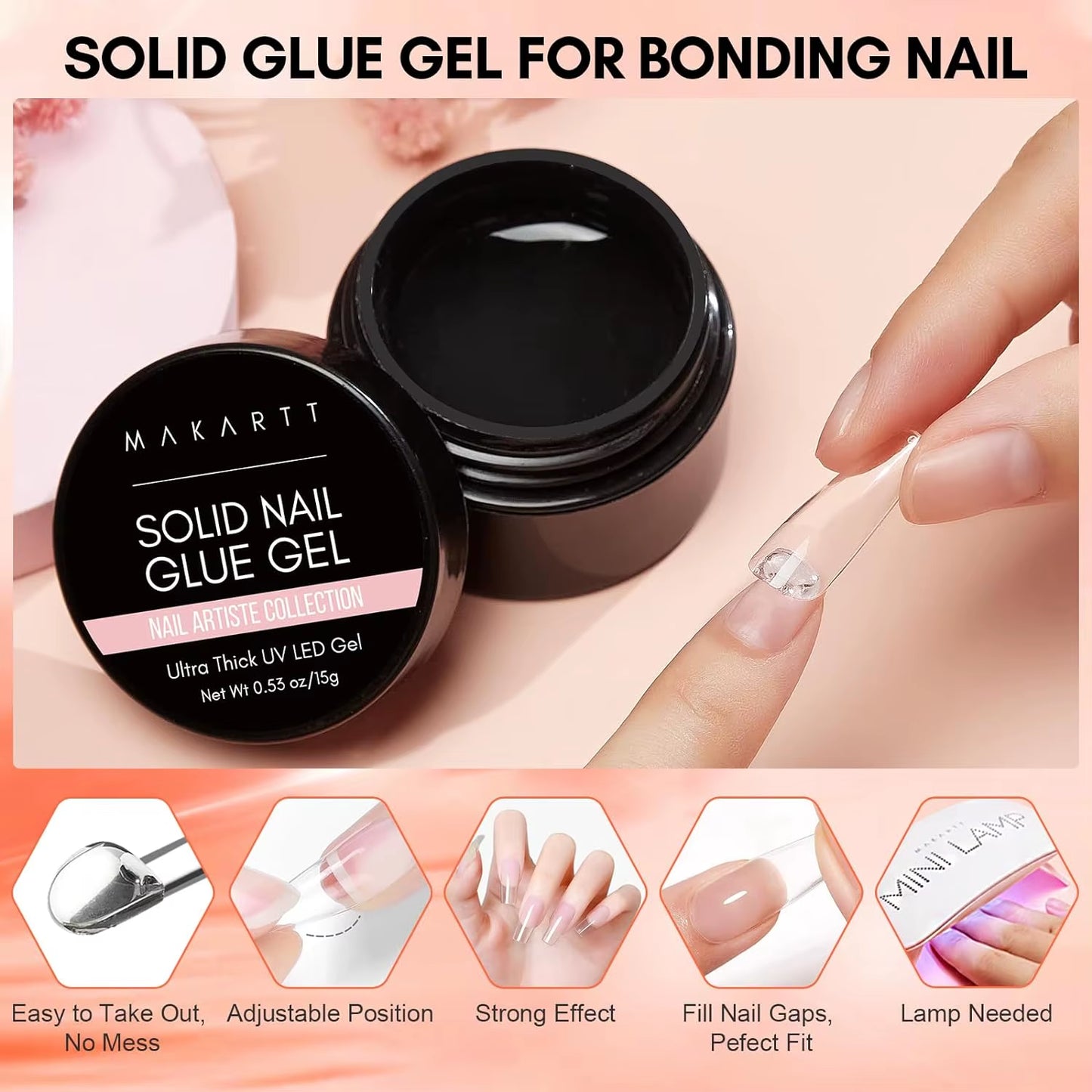 Solid Nail Gel for Acrylic Nail Tips Glue Gel Curing Needed UV Cured for Press on Nails Fake Nails Solid Nail Adhesive