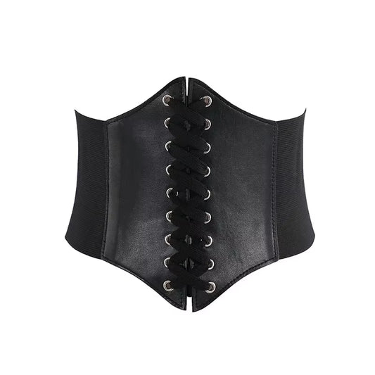 Women Wide Belt Vintage Gothic PU Leather Underbust Corset Crop Top Solid Color Adjustable Vest Waist Belt Double Buckle Cincher