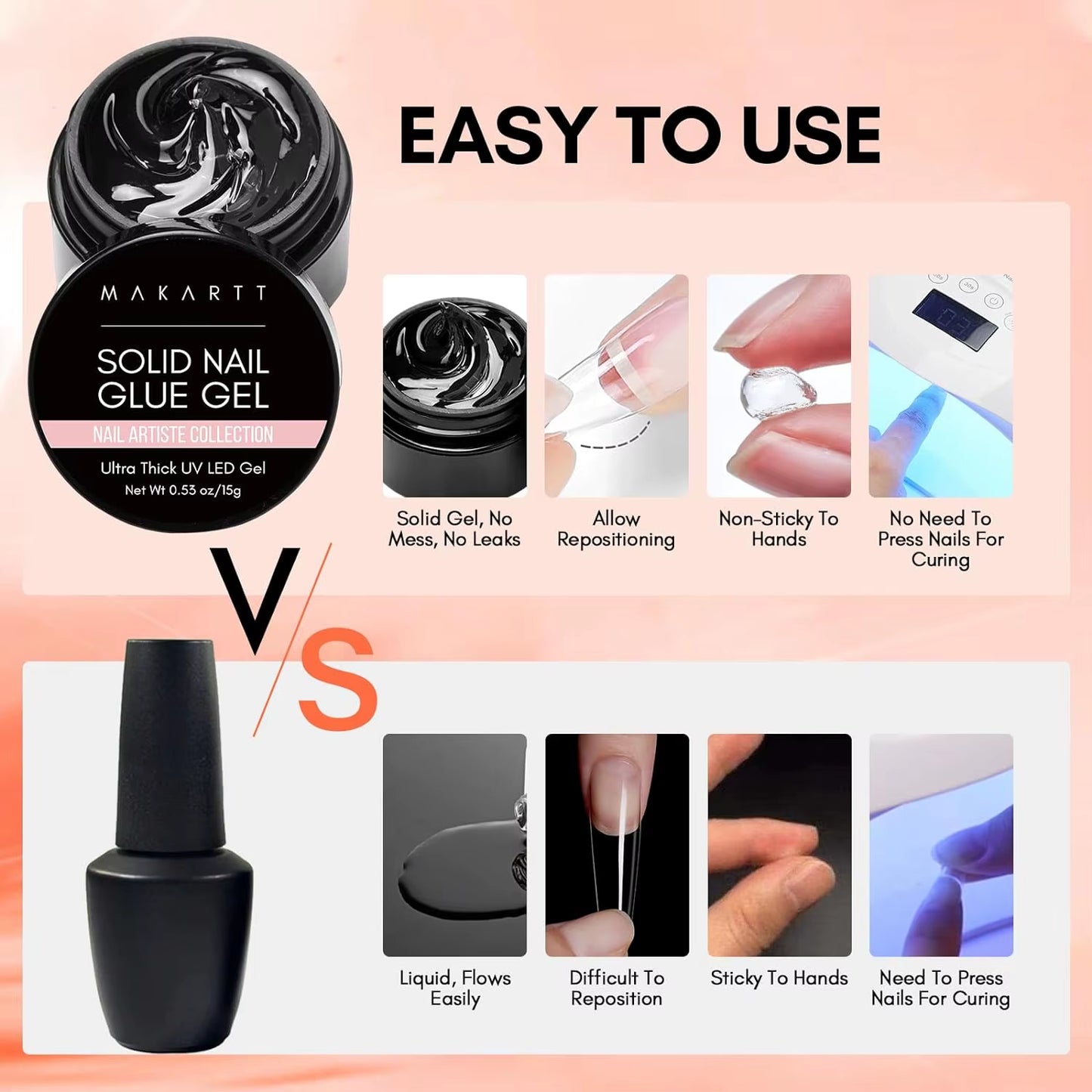 Solid Nail Gel for Acrylic Nail Tips Glue Gel Curing Needed UV Cured for Press on Nails Fake Nails Solid Nail Adhesive