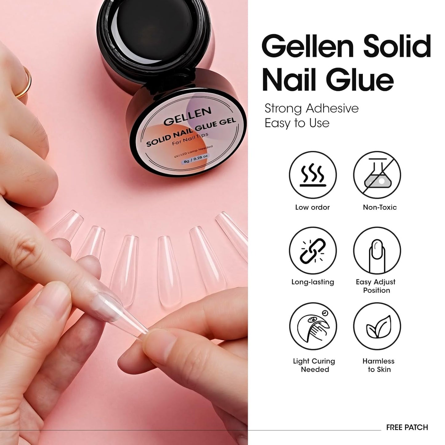 Solid Nail Glue Gel Kit, 8G Gel Nail Glue and 8W Mini UV Light LED Lamp for Nail Cured, Solid Press on Nail Glue for Acrylic Fake Nail Tips, Solid Gel Glue for Nails Salon Art DIY at Home