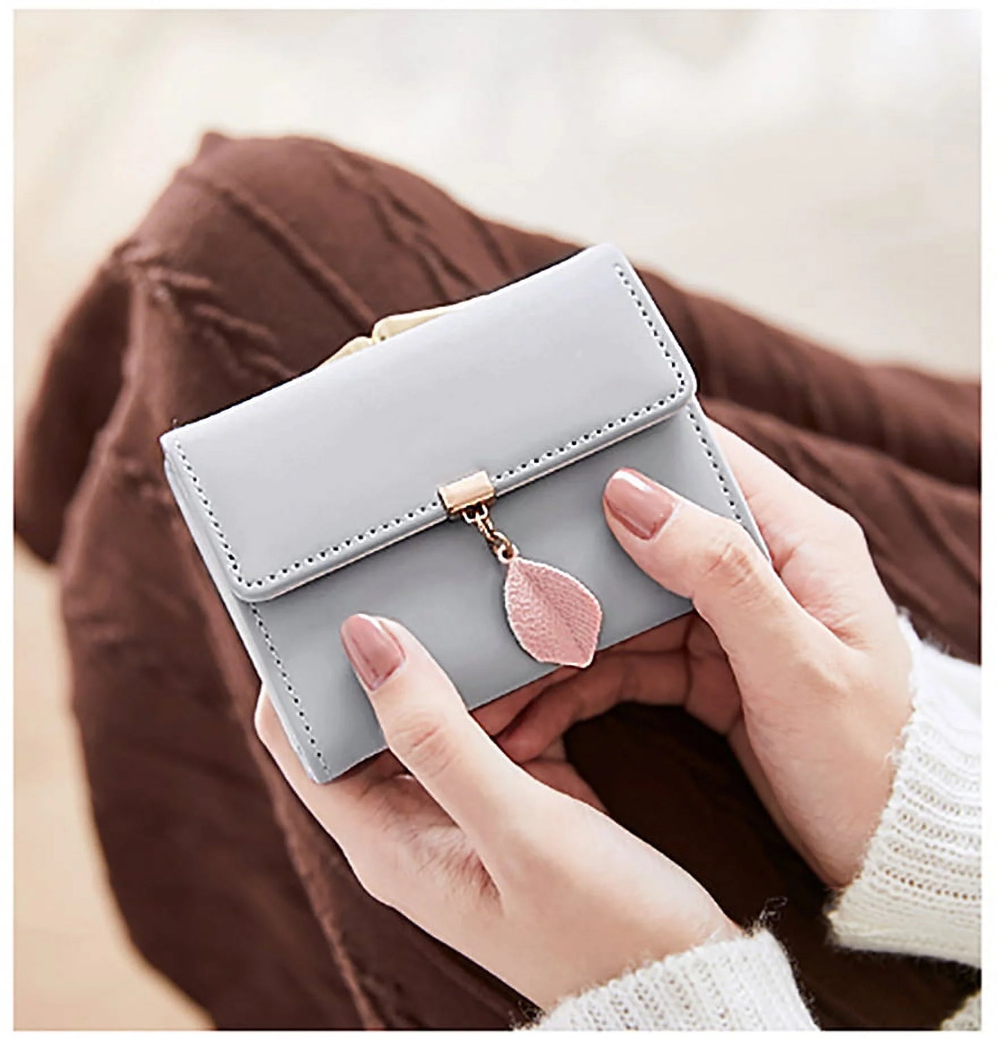 Small Wallet for Women PU Leather RFID Blocking Card Holder Zipper Coin Purse with Leaf Pendant(Khaki)