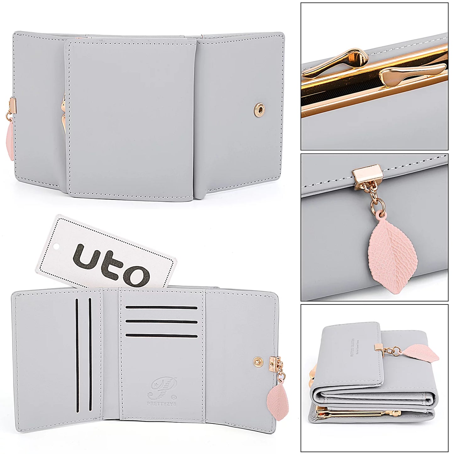 Small Wallet for Women PU Leather RFID Blocking Card Holder Zipper Coin Purse with Leaf Pendant(Khaki)