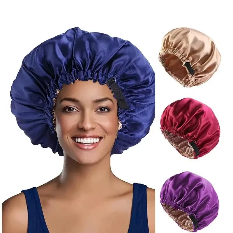 2Pcs Set Large Satin Bonnet Silk Night Sleeping Cap Long Satin Bonnet with Head Tie Band Bonnet Edge Wrap for Women Hair