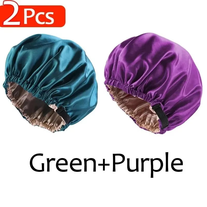 2Pcs Set Large Satin Bonnet Silk Night Sleeping Cap Long Satin Bonnet with Head Tie Band Bonnet Edge Wrap for Women Hair