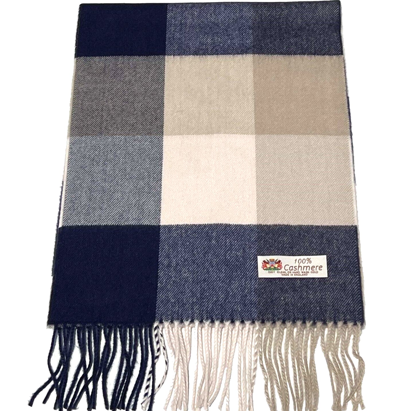 New 100% CASHMERE SCARF Made in England Plaid Navy Tan Beige SOFT Wool Wrap